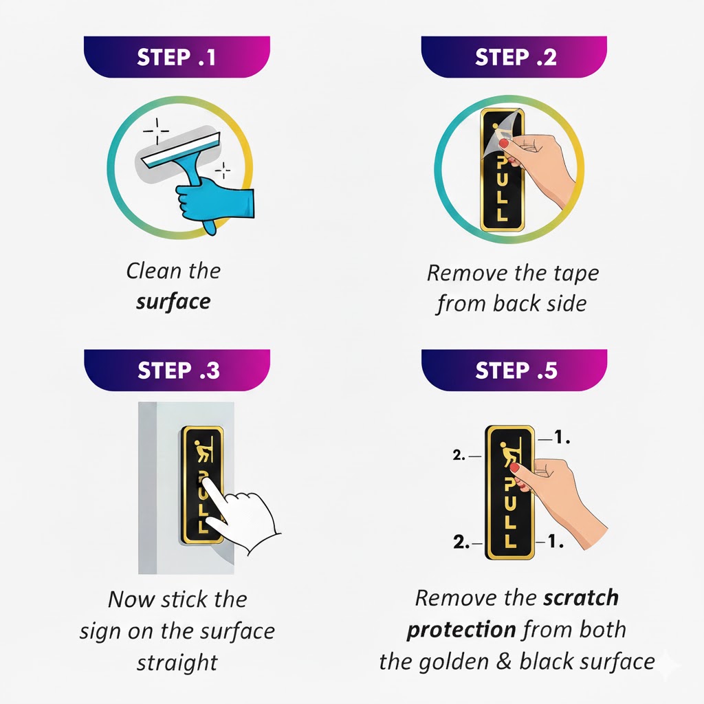 Acrylic Push & Pull Sign Board – Black & Gold Finish (Self-Adhesive)